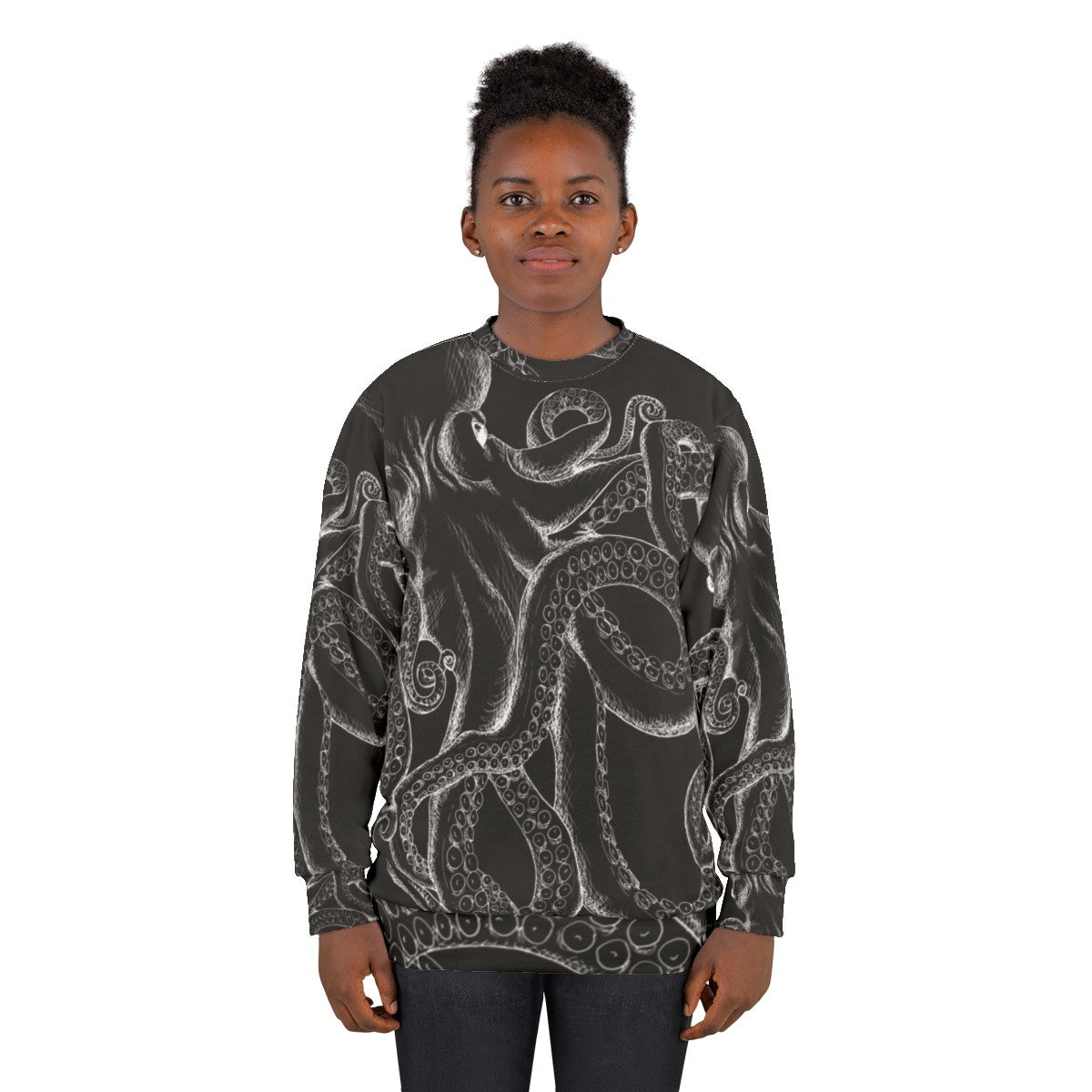 Octopus line art white on black sweatshirt - women