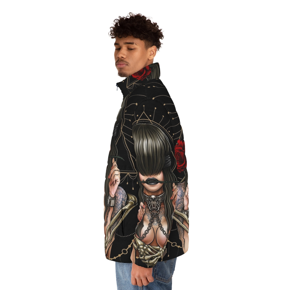 Enchanting "See No Evil" Puffer Jacket featuring surreal gothic design with mystical creatures and sacred geometry - men side left