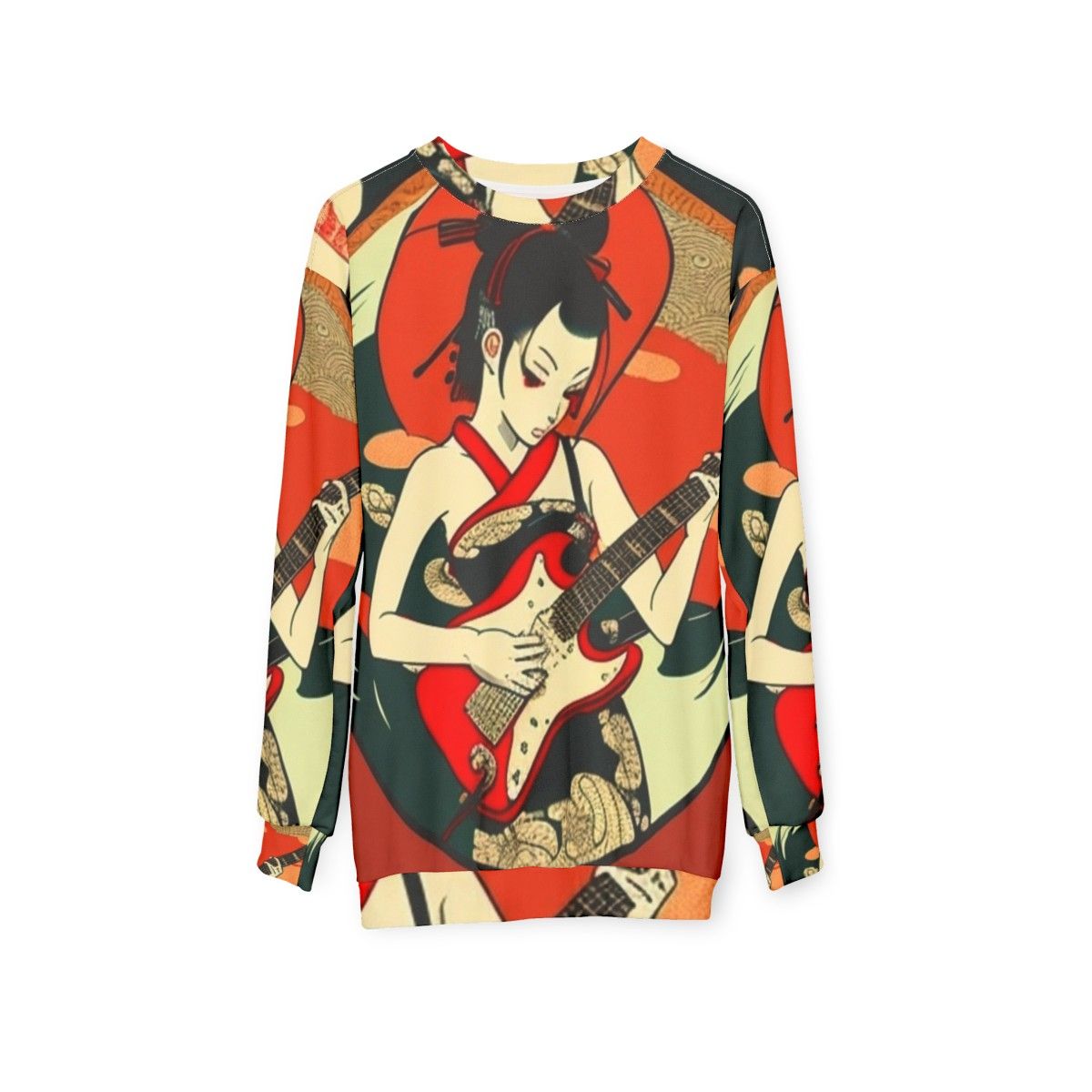 Japanese girl playing guitar on a stylish sweatshirt - hanging