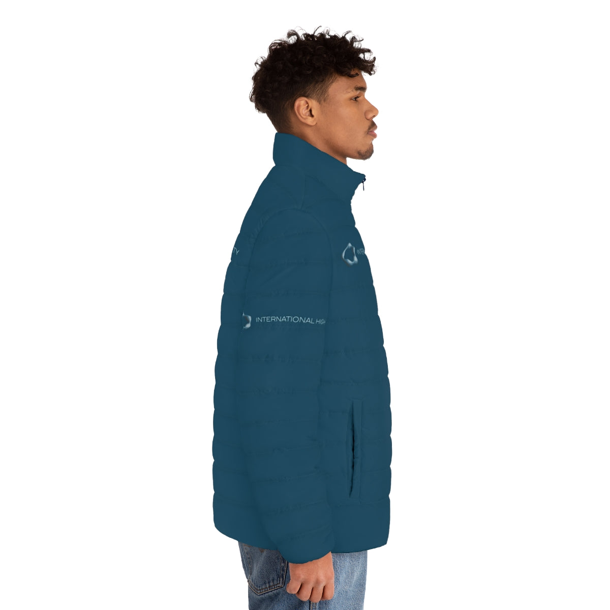 Blue puffer jacket with High IQ Society logo for gifted and intelligent individuals - men side right