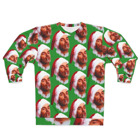 Bad Santa smoking a cigarette wearing an ugly Christmas sweatshirt