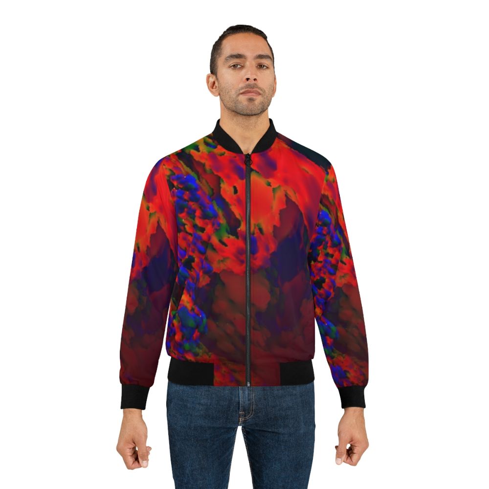 A bold and striking red bomber jacket with an abstract, fractal-inspired geometric design. - Lifestyle