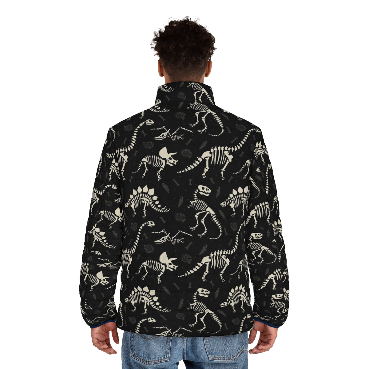 Black puffer jacket with a dinosaur fossil pattern design - men back