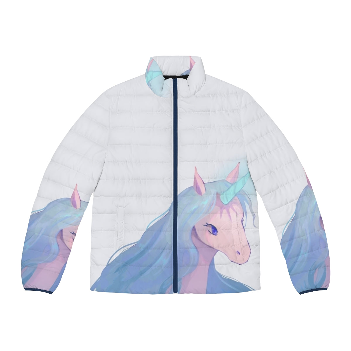 The Last Unicorn illustration printed on a puffer jacket for unicorn lovers