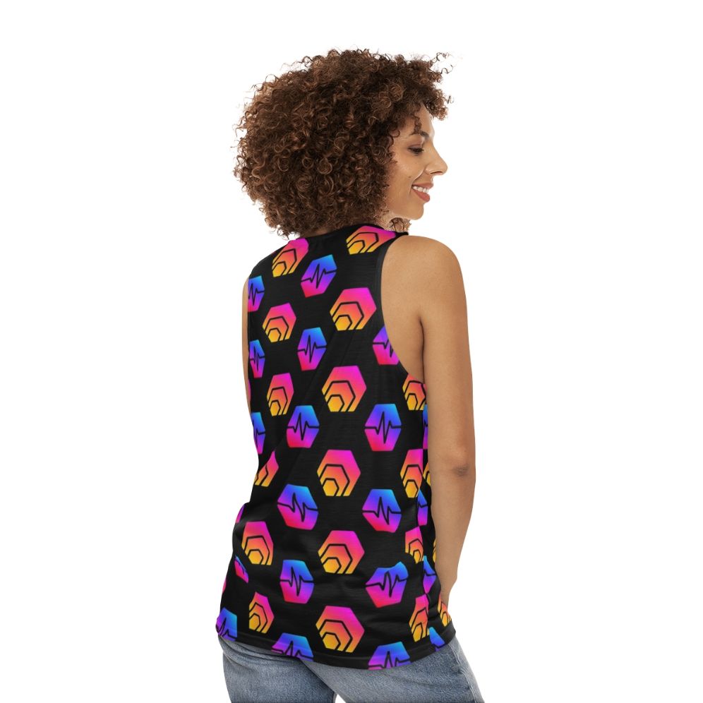 Unisex tank top with Hex crypto and Pulsechain logo design - women back