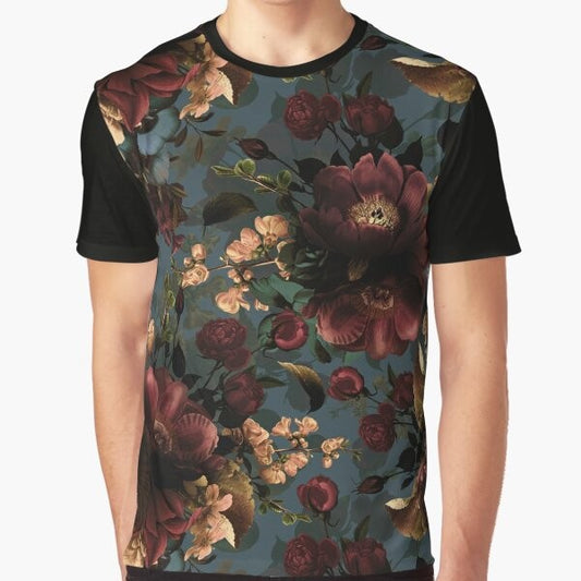 Mystic botanical night garden moody floral graphic design on t-shirt