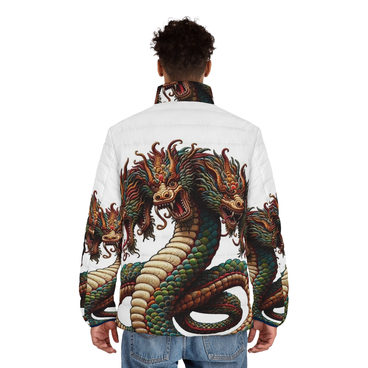 Embroidered hydra puffer jacket with legendary creature design - men back