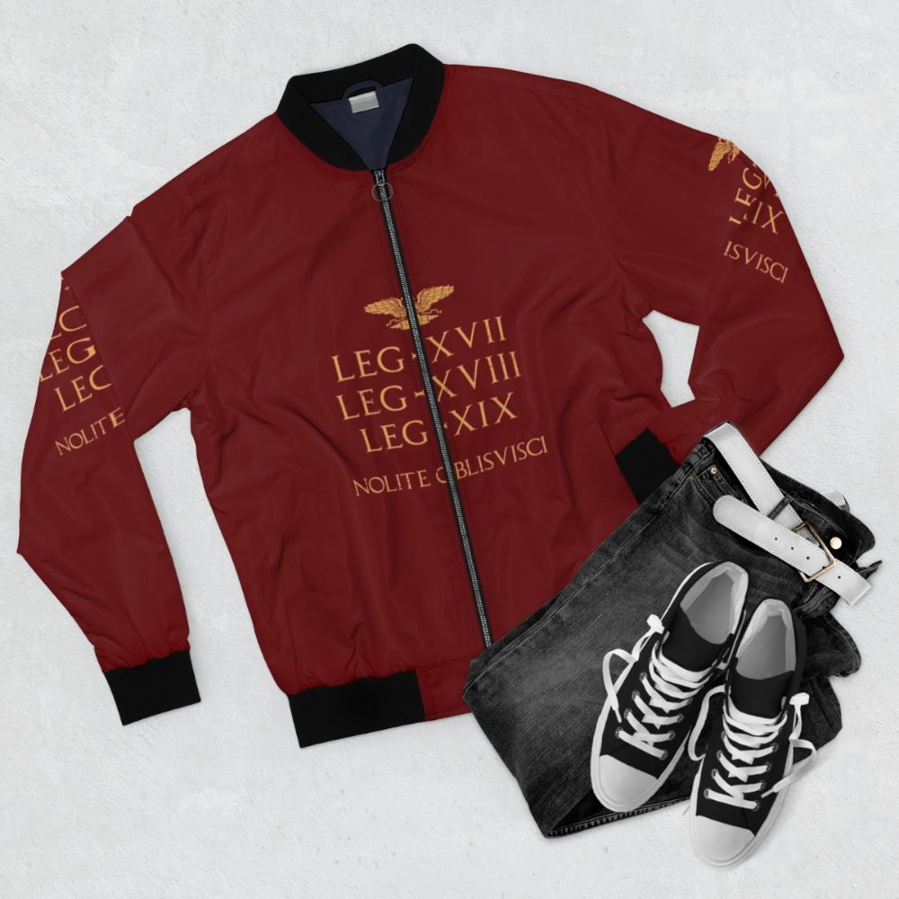 Bomber jacket with Roman legions and Teutoburg Forest battle design - Flat lay