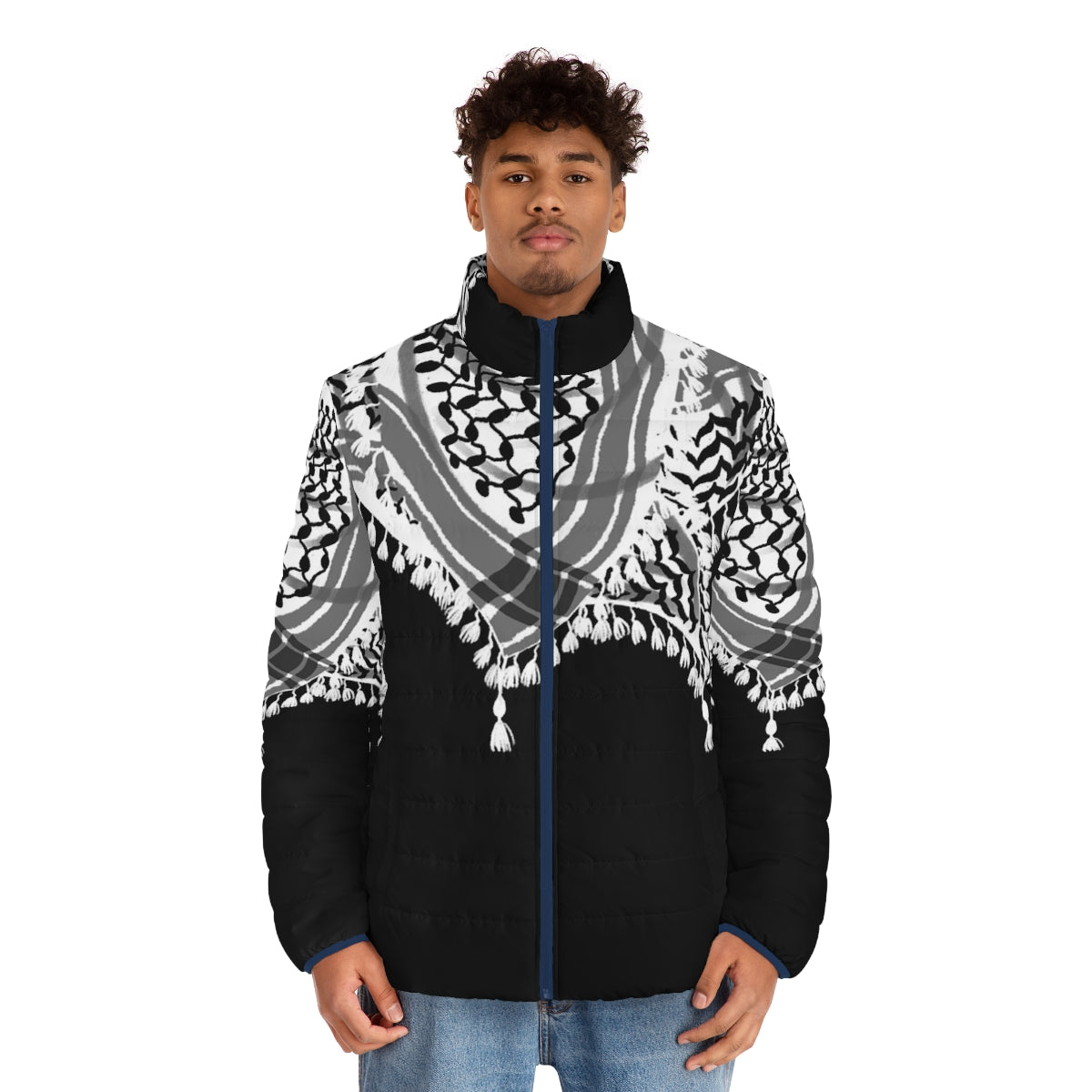 Keffiyeh-inspired puffer jacket with black and white Palestinian pattern - men front