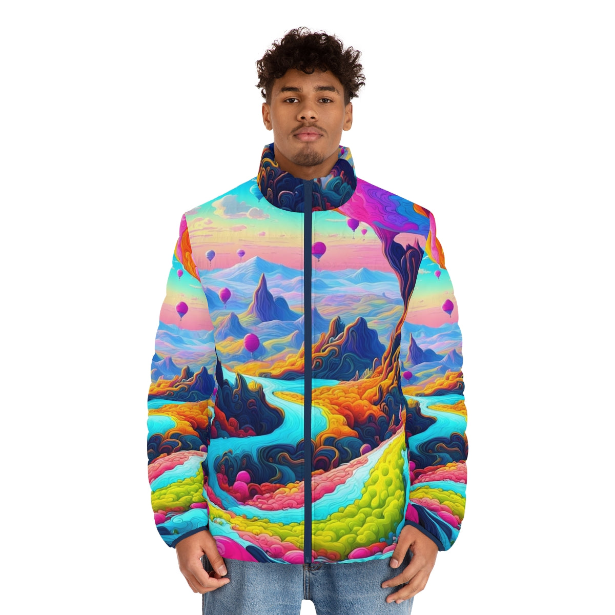 Dreamscape Puffer Jacket 2 - Vibrant, colorful, and psychedelic puffer jacket with neon city lights design - men front