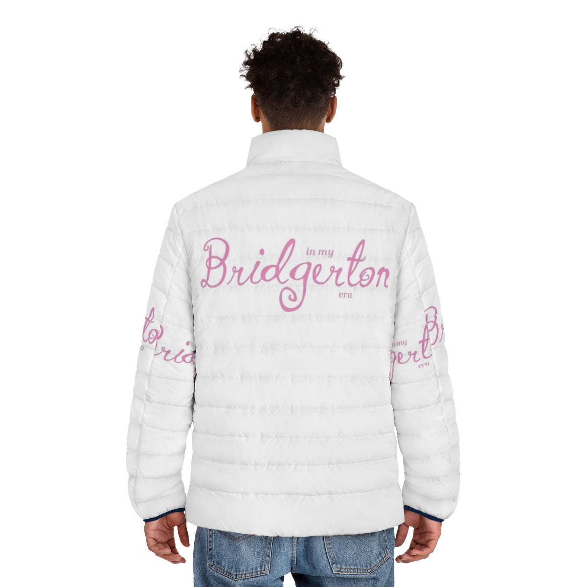 Bridgerton-inspired pink puffer jacket with focus on regency fashion - men back