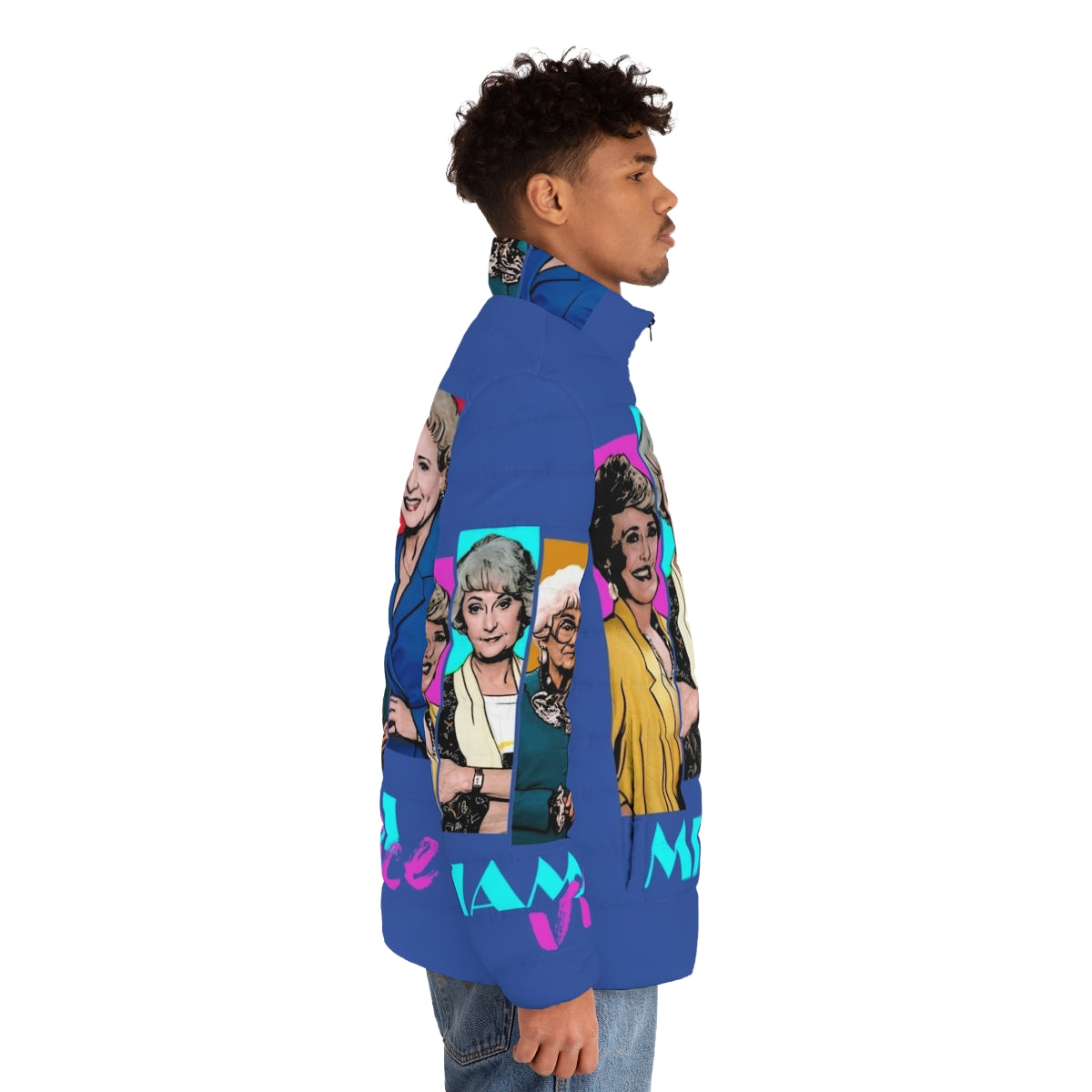 Model wearing the Miami Vice inspired 80s style puffer jacket - men side right