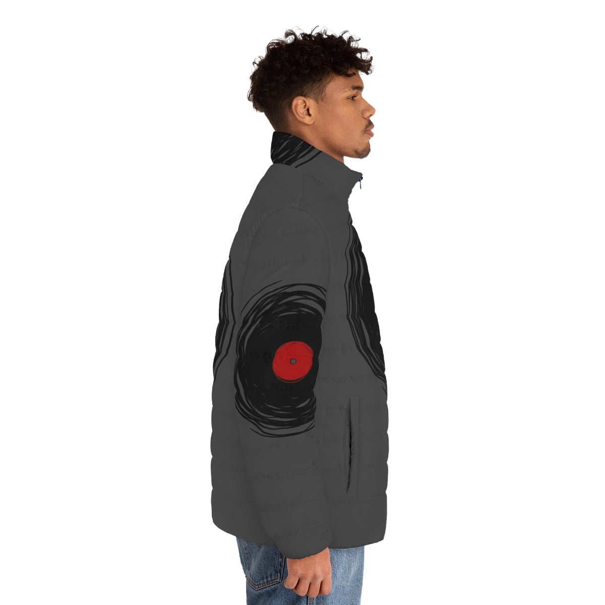 Person wearing a puffer jacket with a graphic design of a vinyl record spinning - men side right