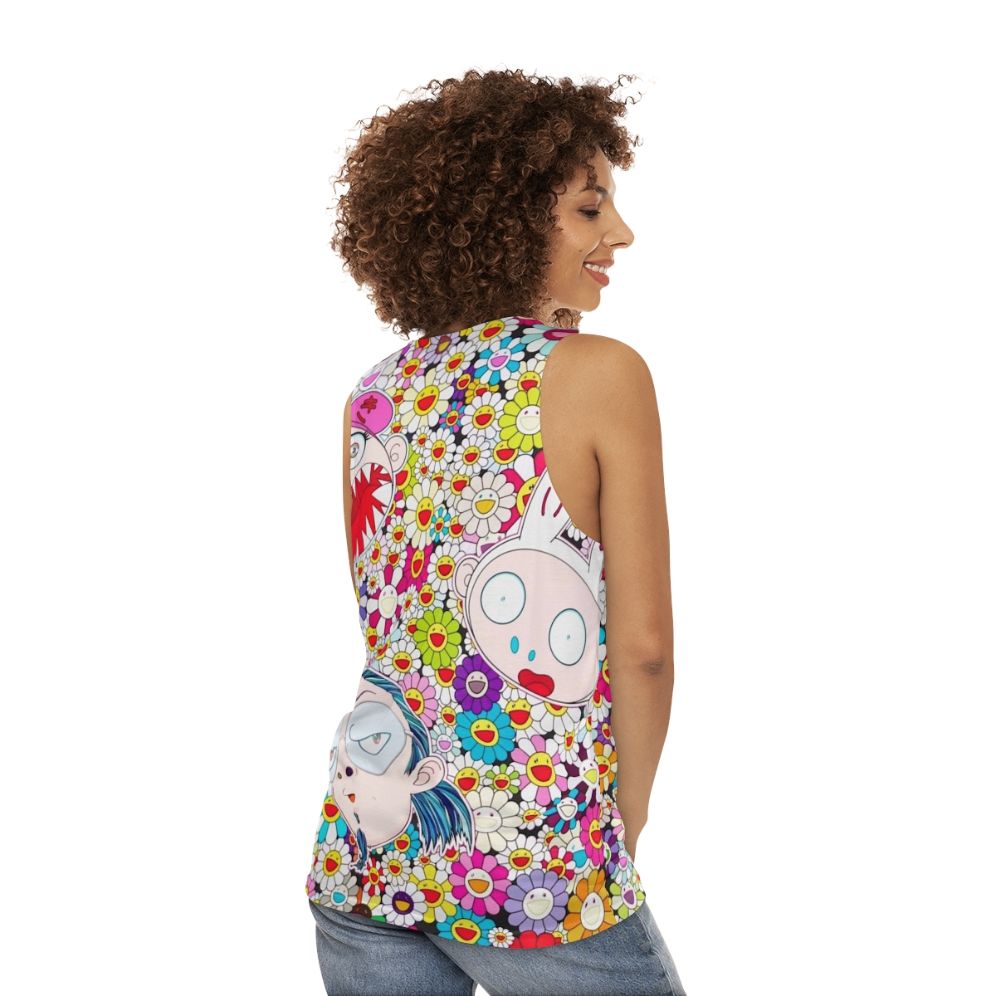 Unisex tank top featuring Takashi Murakami's iconic pop art design - women back