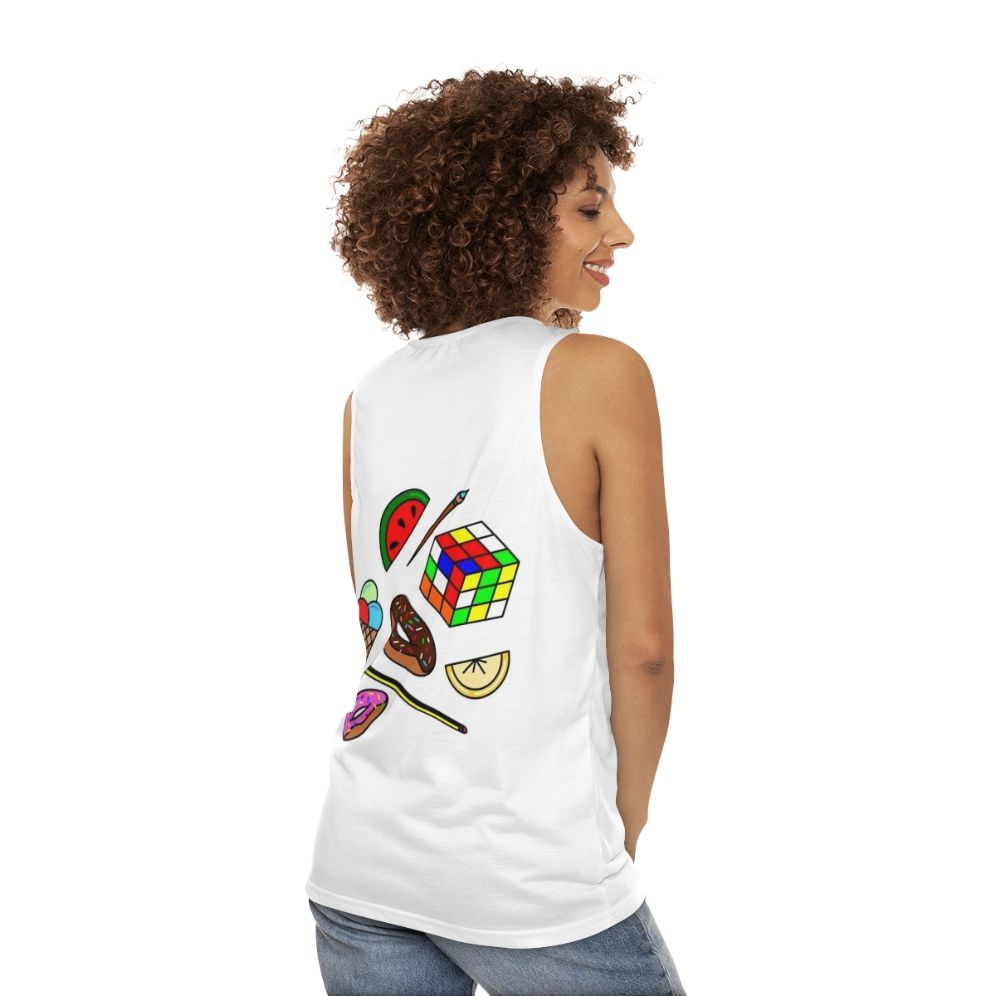 Colorful hobbies and food unisex tank top - women back