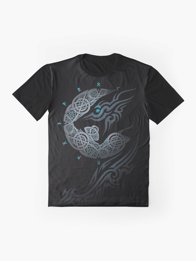 Ragnarok Moon Graphic T-Shirt featuring a mythical wolf, moon, and Celtic symbols from Nordic mythology - Flat lay