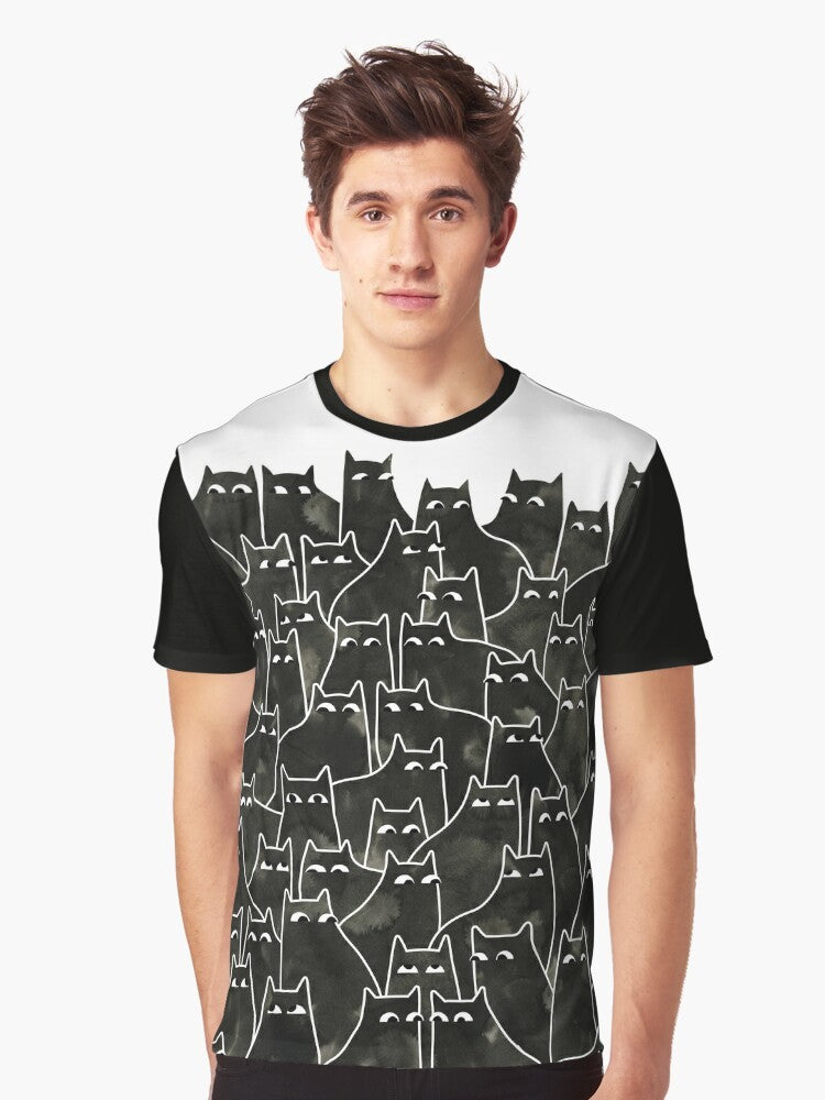 Suspicious cats graphic t-shirt with a black cat pattern in watercolor and ink style - Men