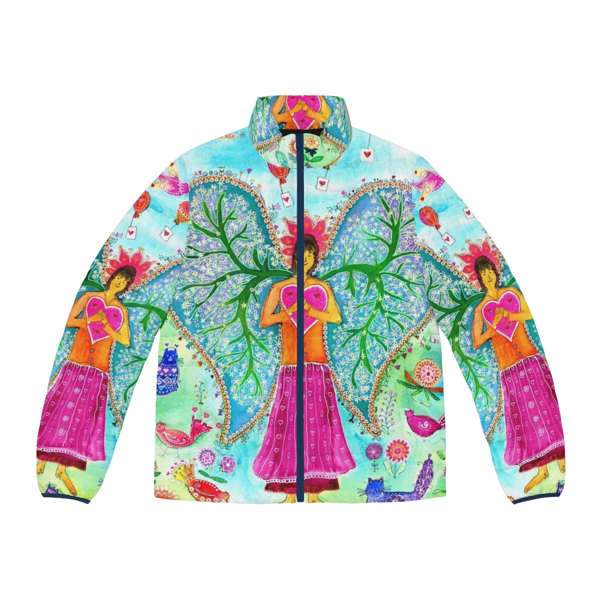 An angel-themed puffer jacket with a design featuring lungs, wings, and nature elements.