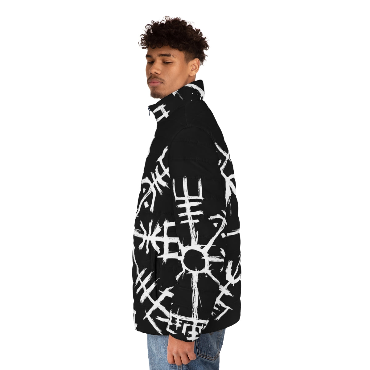 Vegvisir puffer jacket with Norse mythology inspired design - men side left