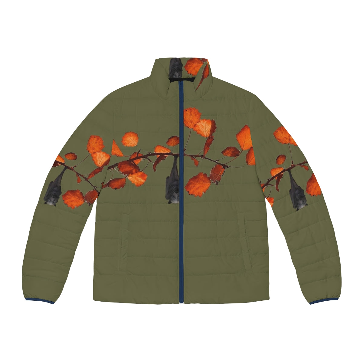 Moss green puffer jacket with a cute hanging bat design