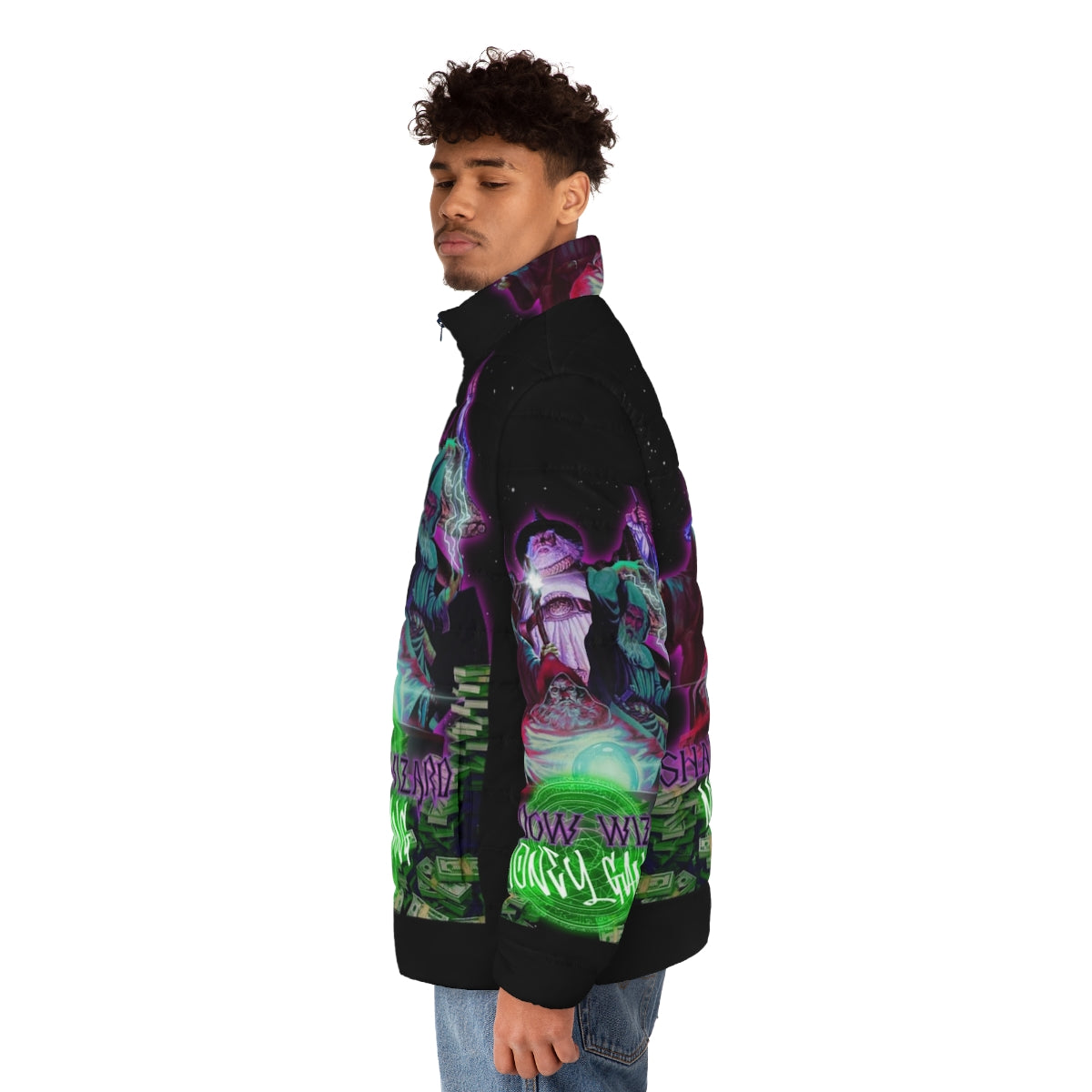 Shadow Wizard Money Gang Puffer Jacket with Streetwear Design - men side left