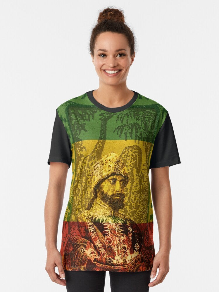 Haile Selassie Emperor of Ethiopia Graphic T-Shirt with Rastafarian and Reggae Motifs - Women