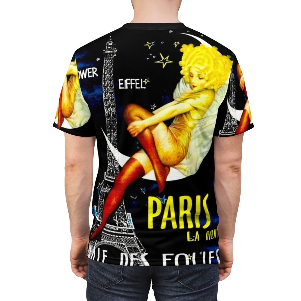 Vintage-inspired t-shirt with Paris Folies Bergere-inspired travel art print design featuring the Eiffel Tower, pinup girls, and abstract elements. - men back