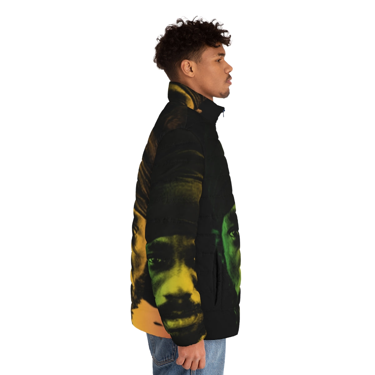 Kalonji Puffer Jacket with Rastafarian design and dreadlock style - men side right