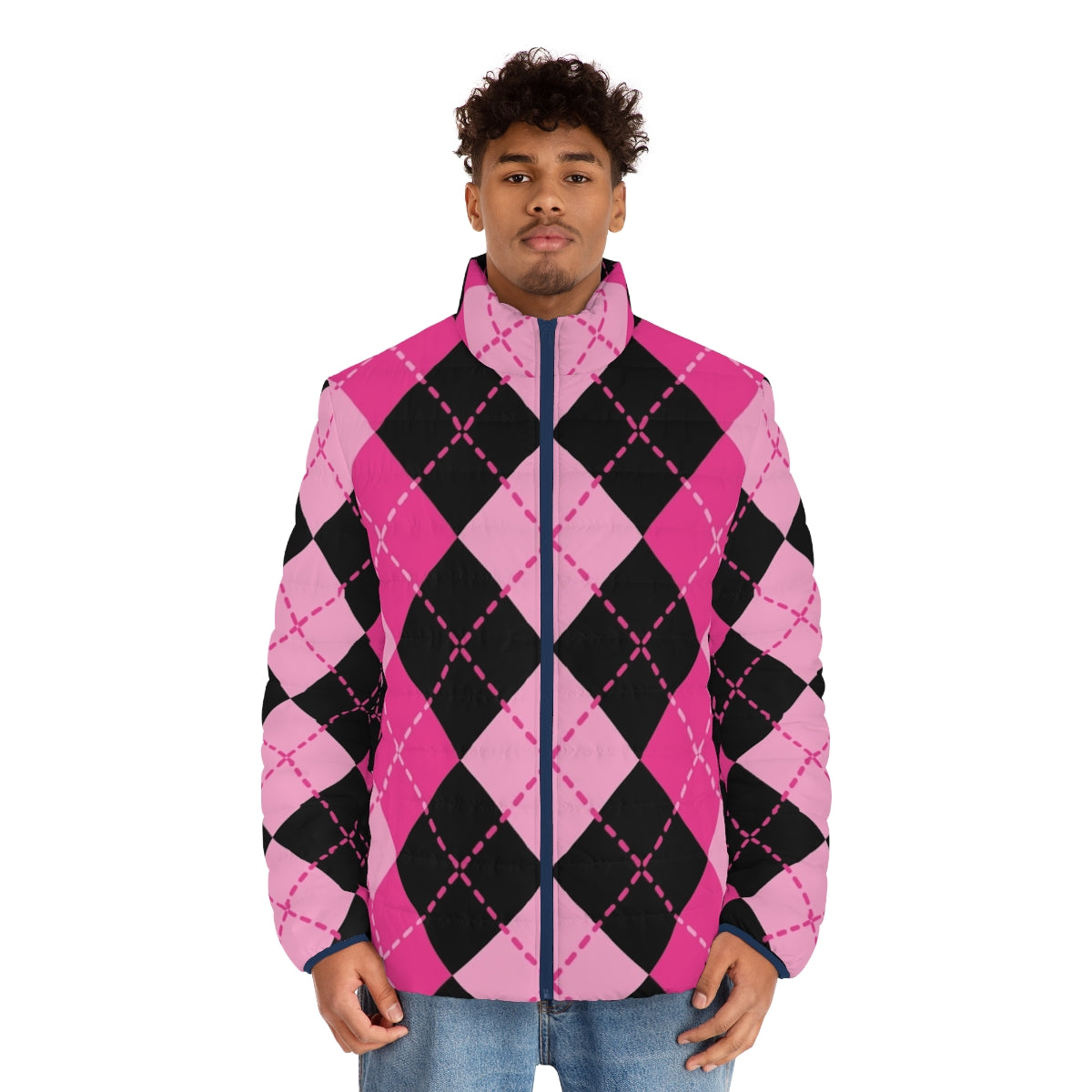 Retro pink argyle puffer jacket with classic diamond pattern design - men front