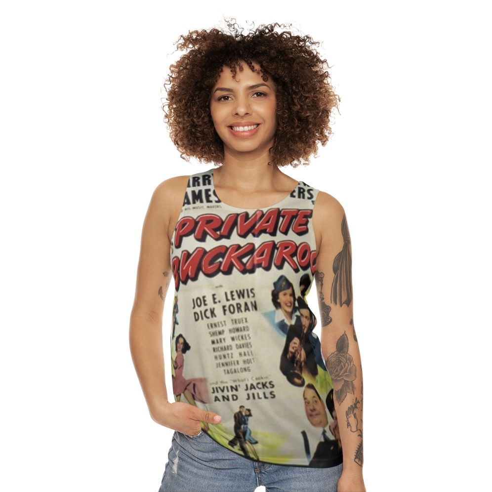 Unisex tank top with 1940s movie and music design - women