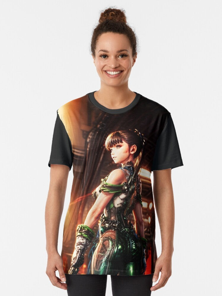 Stellar Blade video game graphic t-shirt featuring a bold and colorful design - Women