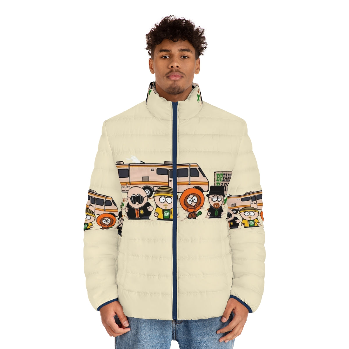 Breaking Park Puffer Jacket, a parody puffer jacket featuring characters from South Park and Breaking Bad - men front