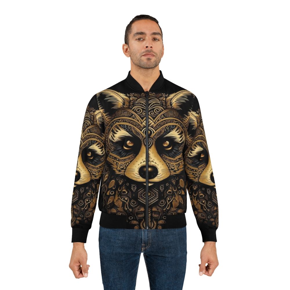 Enchanting bomber jacket with a digital illustration of a golden raccoon surrounded by a mandala pattern, representing nature, mysticism, and spiritual interconnectedness. - Lifestyle