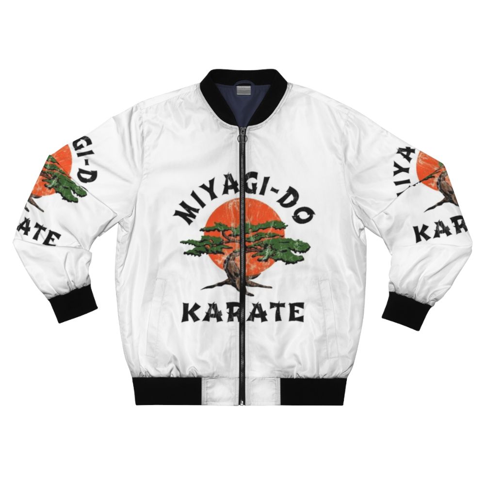 Distressed bomber jacket with karate motifs and vintage design