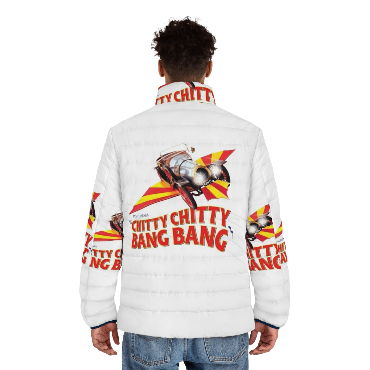 Chitty Chitty Bang Bang Puffer Jacket featuring the iconic car from the classic 60s/70s/80s musical film - men back