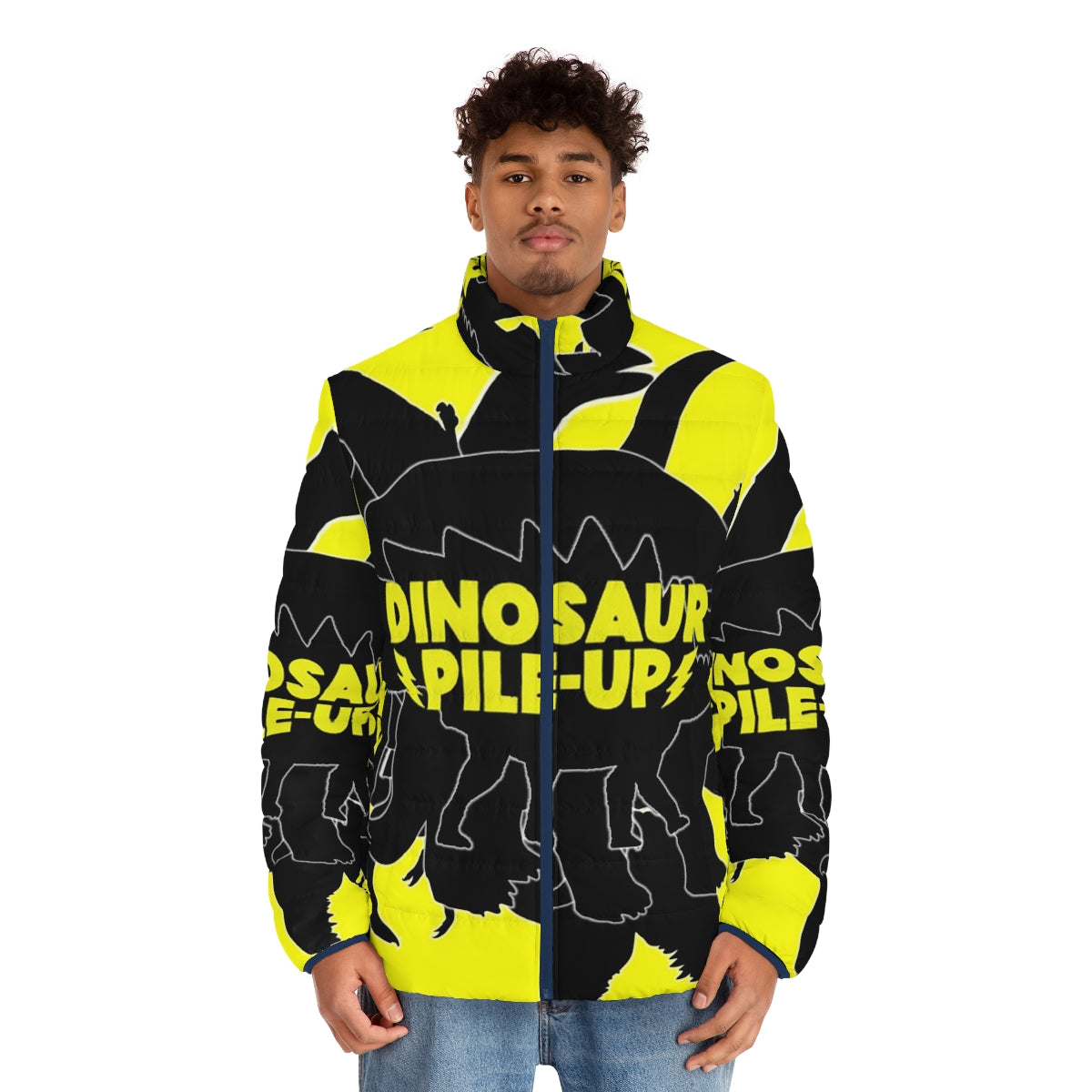 Dinosaur Pile Up Puffer Jacket featuring a dinosaur design for indie music fans - men front