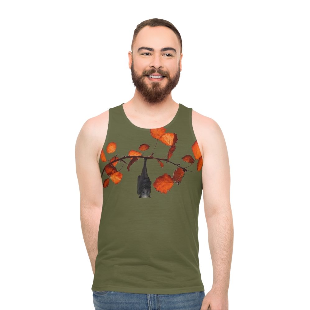 Moss green unisex tank top with cute bats hanging on leaves - men