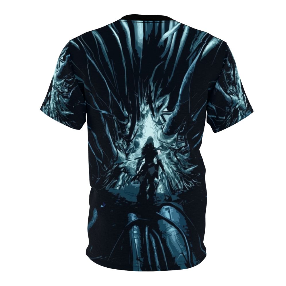 Stylized image of a futuristic mecha-inspired design with Horizon Zero Dawn inspired elements on a t-shirt. - Back