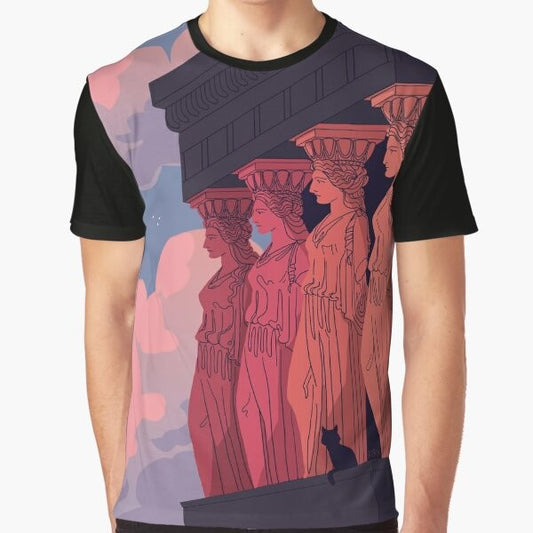 Graphic t-shirt featuring caryatids at dusk, an iconic element of ancient Greek architecture