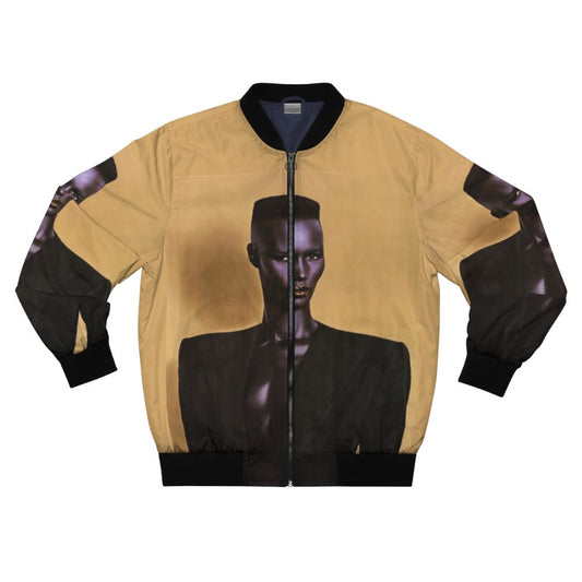 Grace Jones, the iconic chanteuse, wearing a stylish bomber jacket.