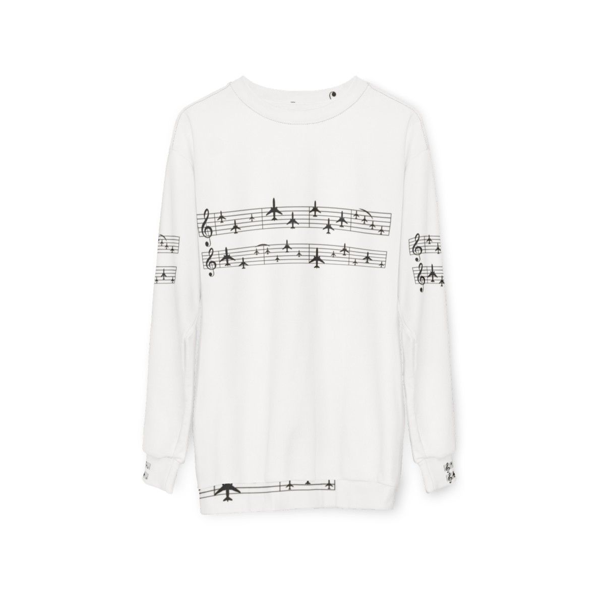 Music staff with airplanes graphic on a white sweatshirt - hanging