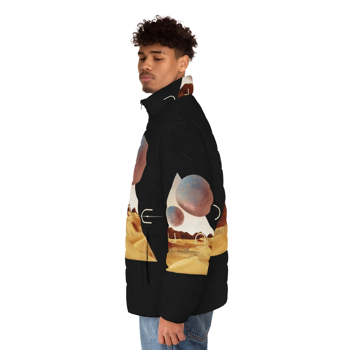 Dune-inspired puffer jacket featuring a sandworm design - men side left