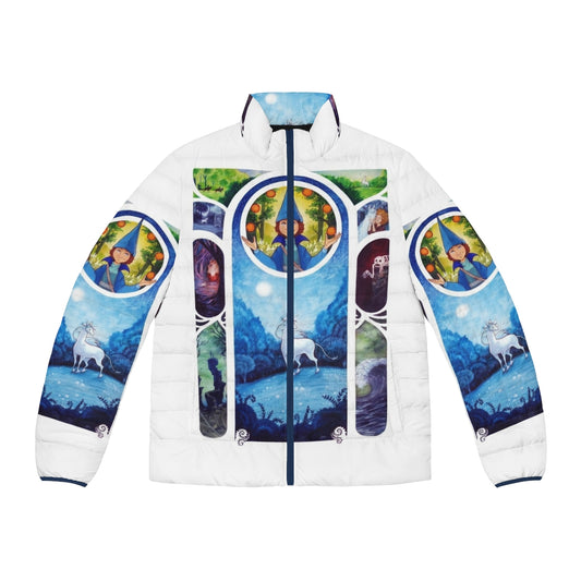 Colorful puffer jacket featuring a magical unicorn and art nouveau design