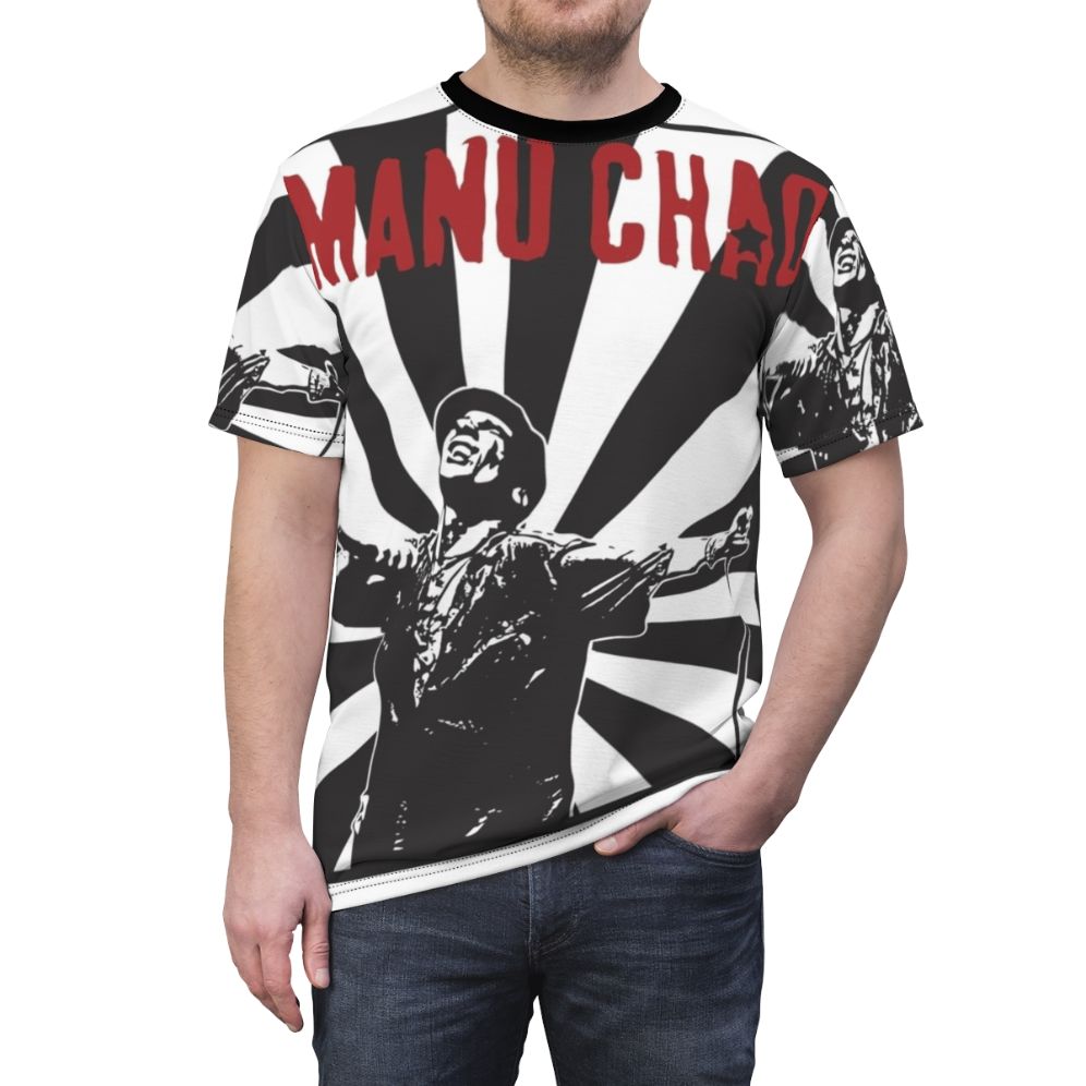 Manu Chao inspired music t-shirt featuring reggae and rock and roll design - men front