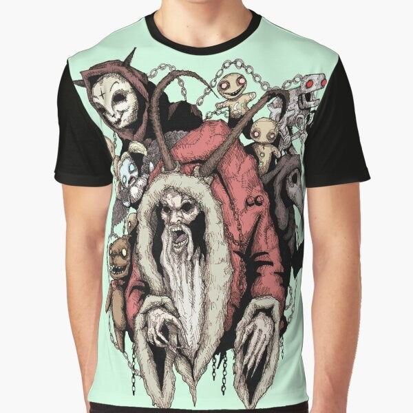 Krampus horror graphic t-shirt featuring a dark, gothic design of the mythical Christmas demon