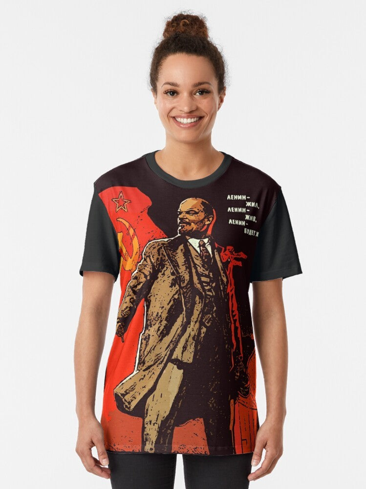 A graphic t-shirt design featuring the iconic image of Vladimir Lenin, the leader of the Bolshevik Revolution and founder of the Soviet Union. - Women