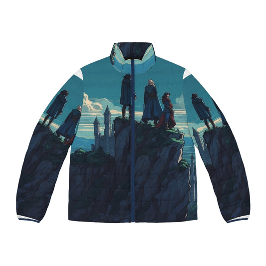 Castlevania-inspired puffer jacket featuring Trevor Belmont, Sypha Belnades, and Alucard