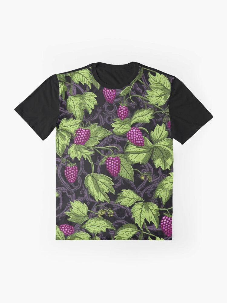 Vintage-style graphic t-shirt featuring vibrant marionberries and botanical elements in a whimsical, bohemian design. - Flat lay