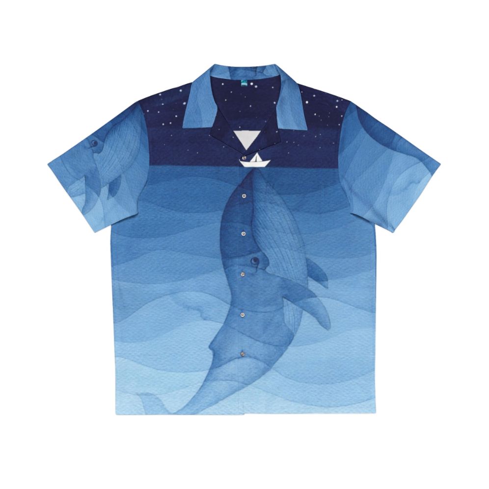 Watercolor blue whale Hawaiian shirt with nautical ocean and nature design