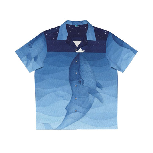 Watercolor blue whale Hawaiian shirt with nautical ocean and nature design